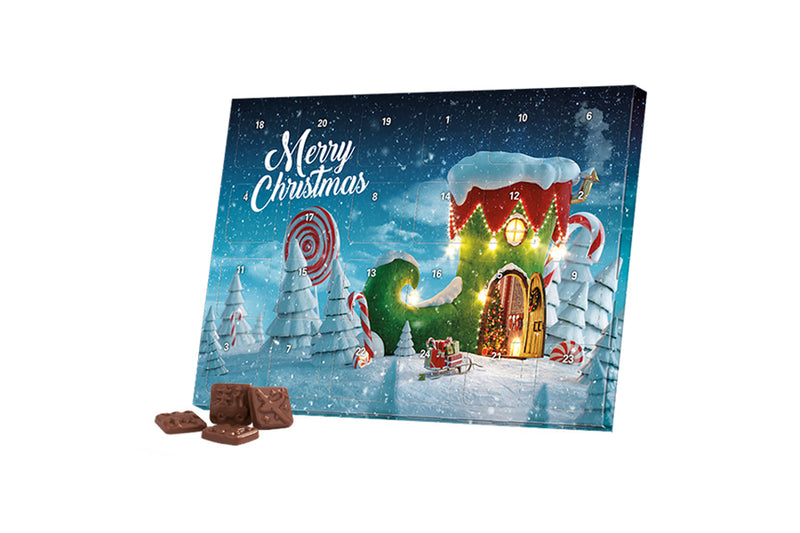 Personalisierter Adventskalender Classic Tisch mit 24 Alpenmilch Schokoladentäfelchen, 50 g