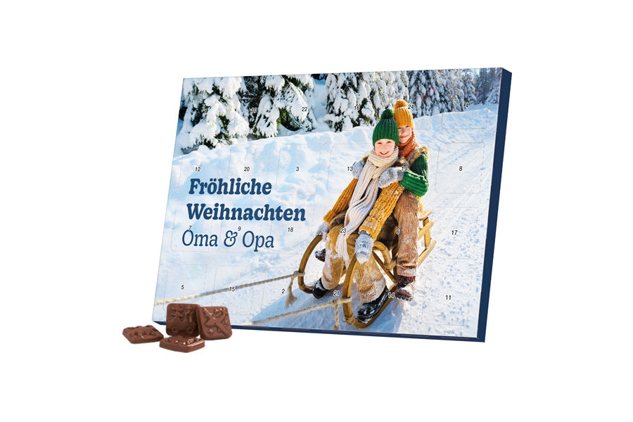 Personalisierter Adventskalender Classic Tisch mit 24 Alpenmilch Schokoladentäfelchen, 50 g