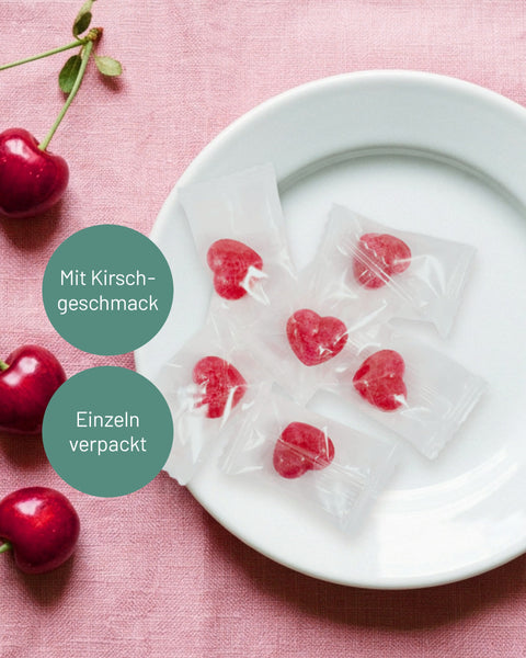 Herzbonbons Kirsche, einzeln verpackt im Flowpack 2