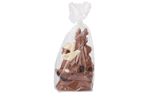 Weihnachtsmann und Elch auf Schlitten Klaus & Rudolf, 200g Edelvollmilch, dekoriert mit weißer und Zartbitterschokolae