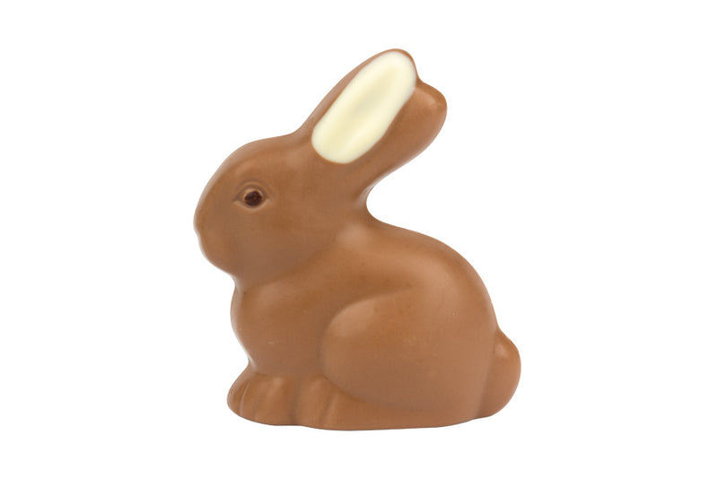 Schoko-Hase sitzend Moppel 75g Edelvollmilchschokolade dekoriert mit weißer Schokolade und Bitterschokolade