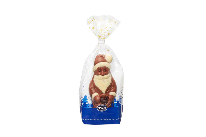 Schoko-Weihnachtsmann Peter, 100 g Edelvollmilch, dekoriert mit weißer und Zartbitterschokolae